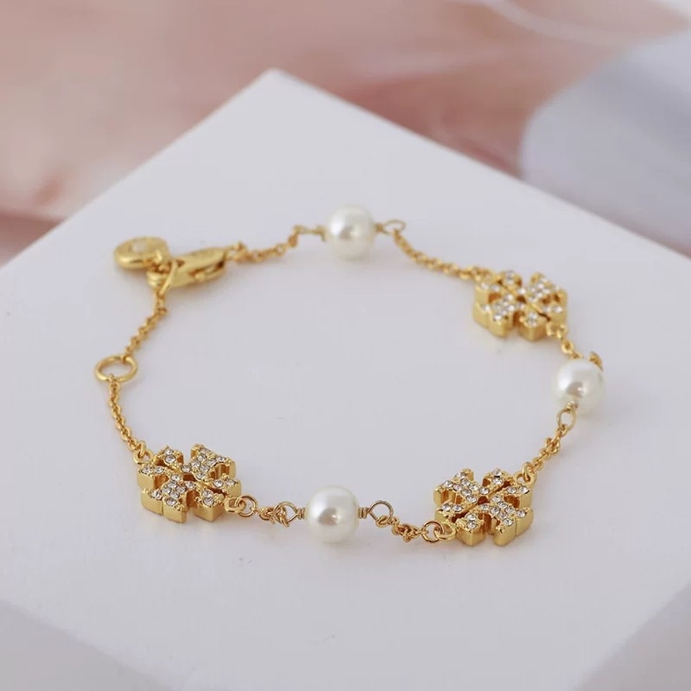 Tory Burch Gold Gemstones and Pearl Bracelet